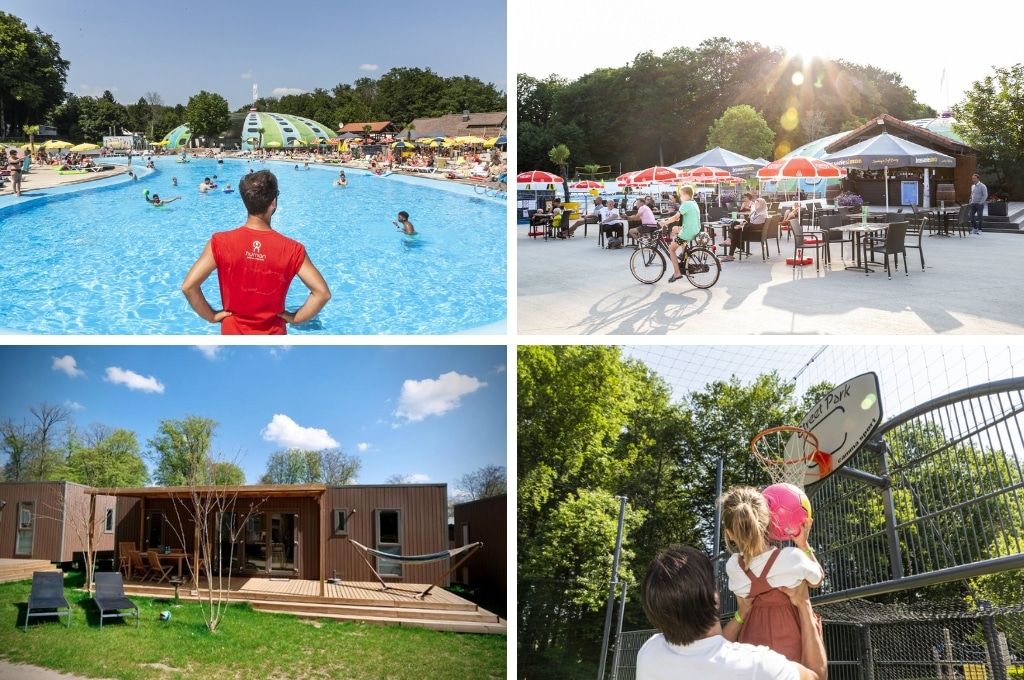 fotocollage van Camping Birkelt in Luxemburg met een foto van de rug van een animatielid dat voor het zwembad staat, een foto van het terras met daarvoor een fietsend jongetje, een foto van een bungalow met veranda en ligstoelen in het gras en een foto van een vader met een kindje dat een bal in de basket wil gooien