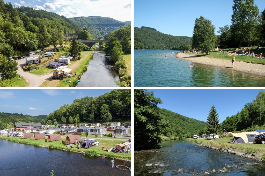 fotocollage van Camping Bissen in Luxemburg met twee foto's van kampeerplekken aan de rivier, een foto van het strandje en ligweide en een foto van pods aan de rivier.