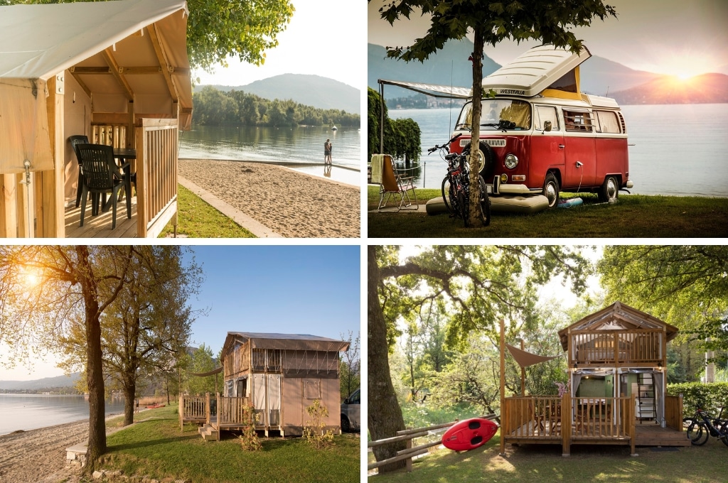 fotocollage van Camping Conca d'Oro met een foto van het terras van een glamping accommodatie met daarnaast het strand en het meer, een foto van een camperbusje aan het meer en tee foto's van glampingaccommodaties met twee verdiepingen