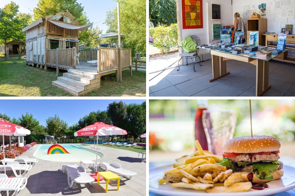 fotocollage van Camping Eden met een foto van een glamping accommodatie, een foto van een tafel met foldertjes bij de receptie, een foto van het lege zwembad en een foto van een hamburger met friet