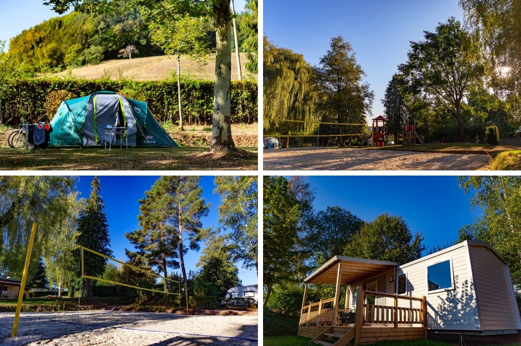 fotocollage van camping Ettelbrück in Luxemburg met een foto van een tentje, een foto van het volleybalveld en de speeltuin op de achtergrond, een foto van het volleybalveld dichterbij en een foto van een stacaravan met veranda