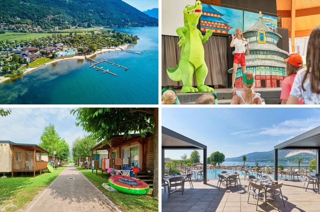 fotocollage van Camping Isolino  met een foto van de ligging van de camping aan het Gardameer, een foto van een animatielid met een mascotte op het podium, een foto van een pad met stacaravans en een foto van het terras met uitzicht over het zwembad en het meer