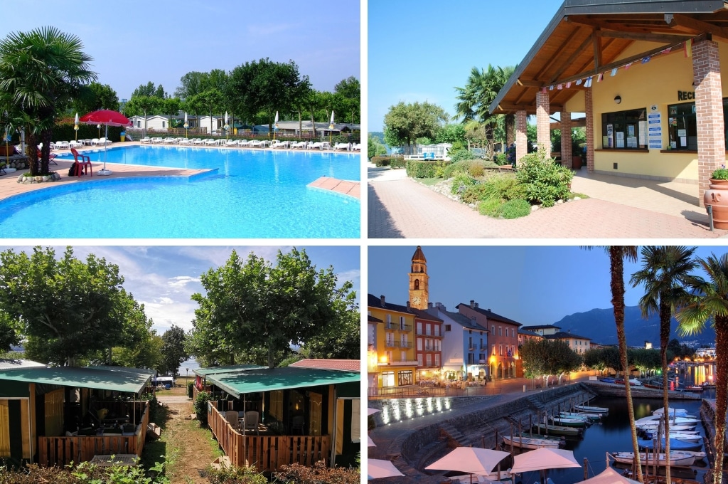 fotocollage van Camping Okay Lido met een foto van het lege zwembad, een foto van de entree, een foto van bungalowtenten aan het meer en een foto van een haventje in een stadje aan het Lago Maggiore