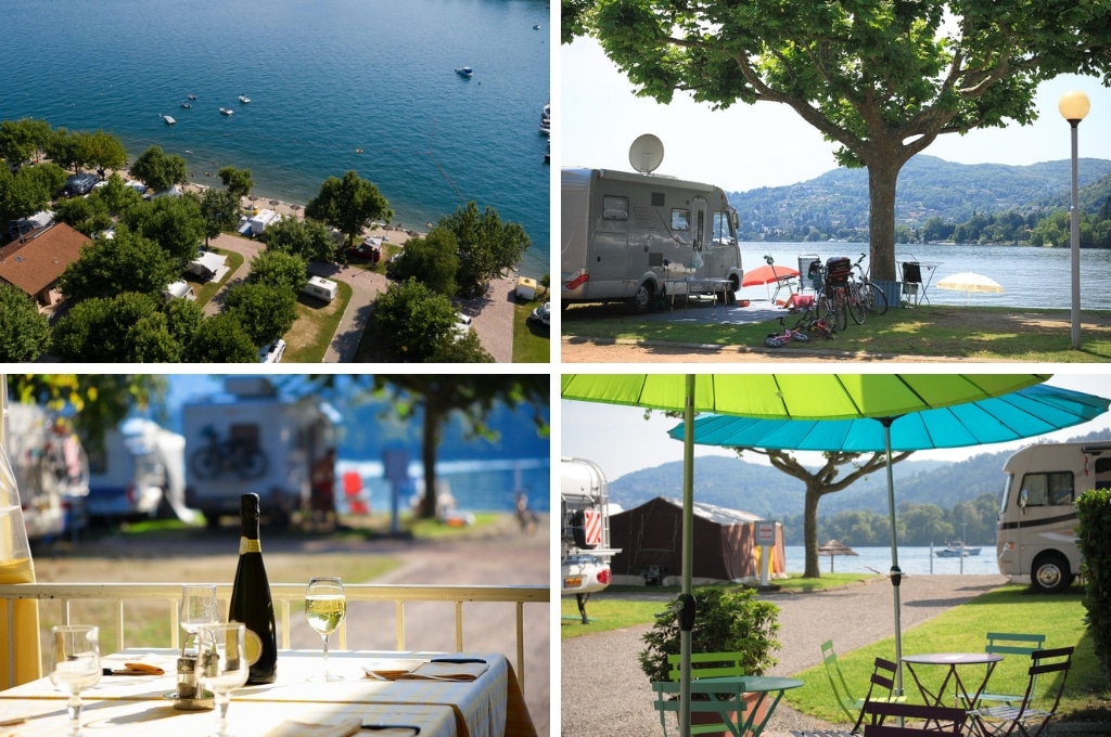 fotocollage van Camping Solcio met een foto van het meer en de plekken aan het meer van bovenaf, een foto van een camper aan het meer, een foto van een gedekte tafel op het terras en een foto van lege tafeltjes op het terras met uitzicht op het meer