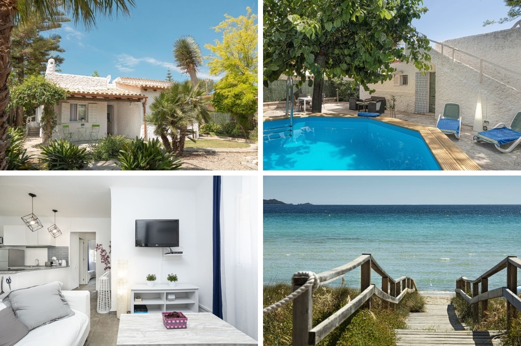 fotocollage van Casa Enriquete vakantiehuis op Mallorca met en foto van het huis en de voortuin, een foto van het zwembad en de achtertuin, een foto van de witte woonkamer en een foto van een trap die naar het strand en de zee leidt