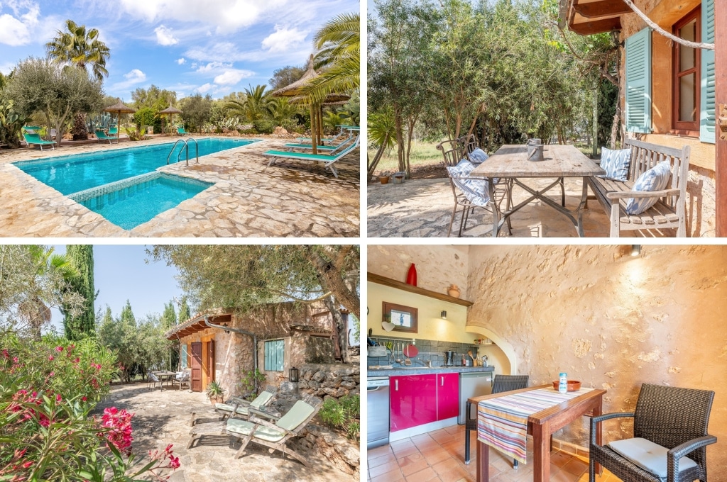 fotocollage van vakantiehuis Casa Groc op Mallorca met een foto van het zwembad met ligstoelen en parasolletjes, een foto van terrasmeubilair voor het huis, een foto van het terras met ligbedden voor het huis en een foto van de keuken met eettafel