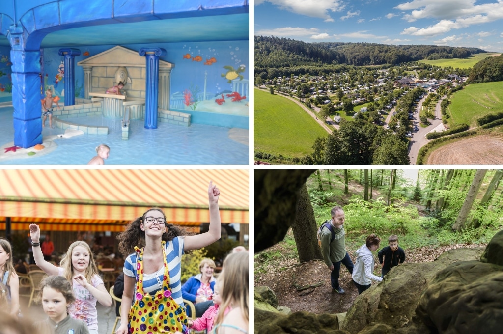 fotocollage van Europacamping Nommerlayen in Luxemburg met een foto van kinderen in een binnen pierenbadje, een luchtfoto van de camping, een foto van een dansend kindje en animatieteamlid en een foto van een gezin in het bos