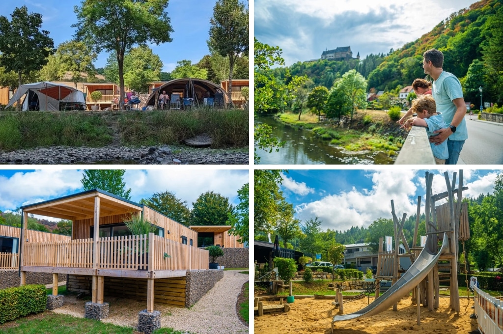 fotocollage van EuroParcs camping Kohnenhof in Luxemburg met een foto van twee tenten aan het water, een foto  van een gezin op een brug, een foto van een bungalow en een foto van de speeltuin met glijbaan