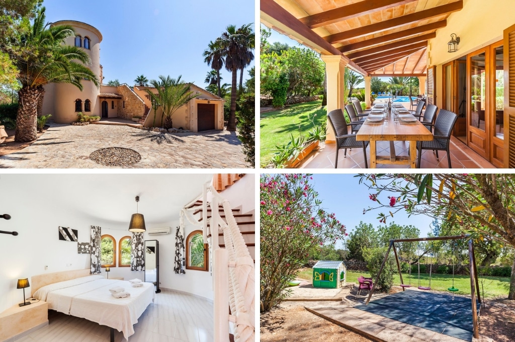fotocollage van vakantiehuis Finca Sanau op Mallorca met een foto van het landhuis, een foto van het overdekte terras met gedekte, lange tafel, een foto van een tweepersoonsslaapkamer en een foto van de tuin met schommels
