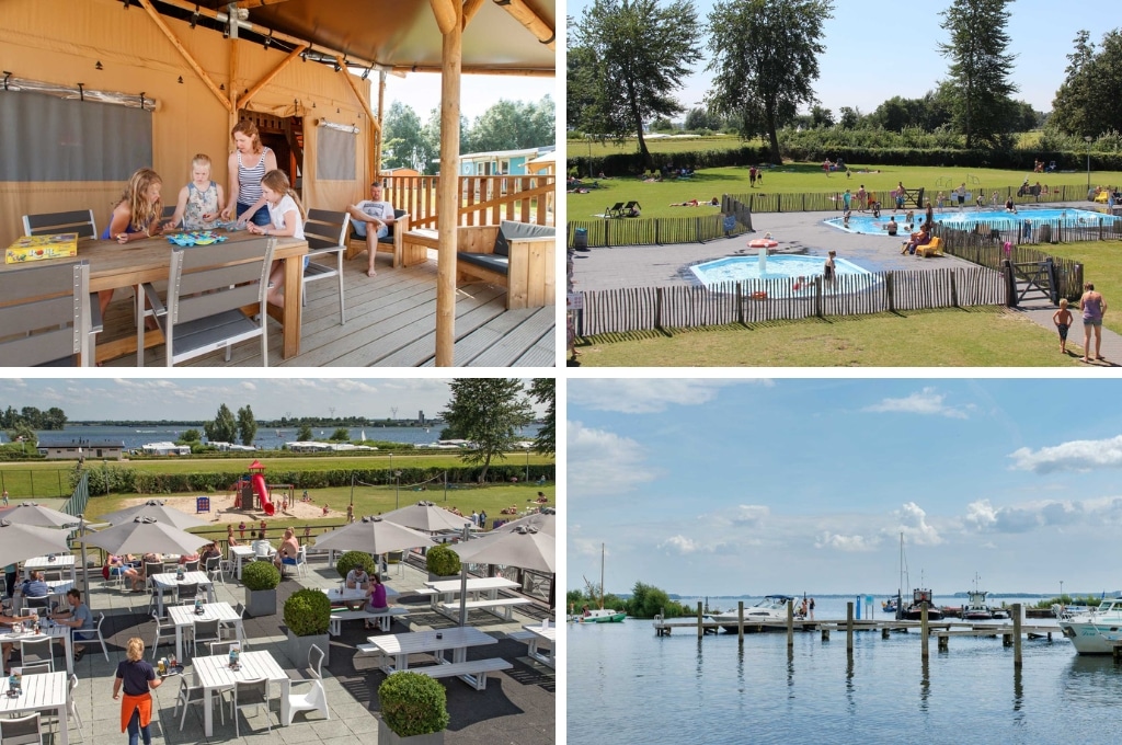 fotocollage van Molecaten Park Flevostrand  met een foto van een gezin op de veranda van een lodgetent, een foto van het zwembad met ligweide, een foto van het terras aan het meer en een foto van de jachthaven 