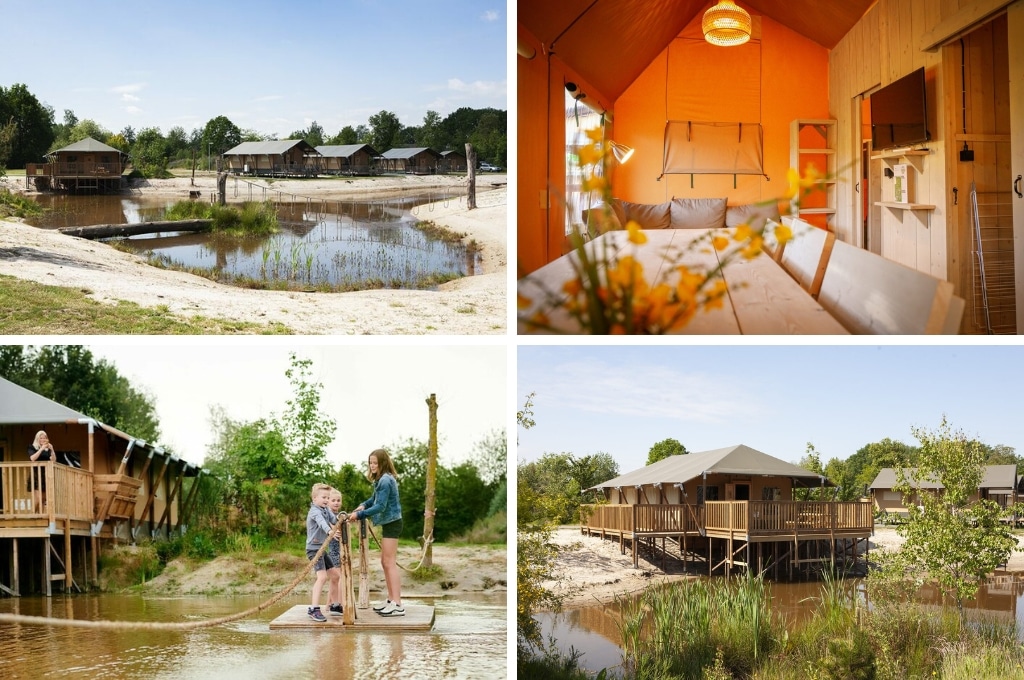 fotocollage van vakantiepark Sallandshoeve in Overijssel met een foto van de speelvijver met safaritenten, een foto van een woonkamer van een safaritent, een foto van kinderen op het trekvlot in de speelvijver en een foto van een lodgetent aan de vijver