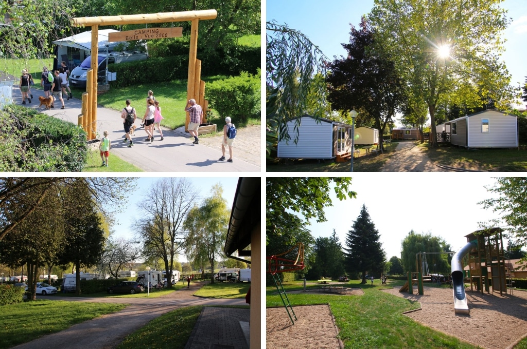 fotocollage van Camping Belle Vue 2000 in Luxemburg met een foto van een familie die de camping op loopt, een foto van een laantje met stacaravans, een foto van gevulde kampeerplekken en een foto van een lege speeltuin