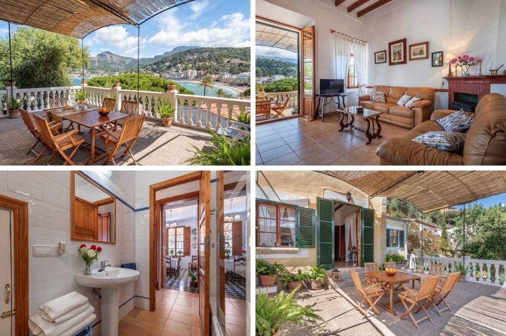 fotocollage van vakantiehuis Can Joi op Mallorca met een foto van het terras met uitzicht op de baai van Sóller, een foto van de authentieke woonkamer, een foto van de badkamer met wastafel en een foto van het terras met op de achtergrond het huis