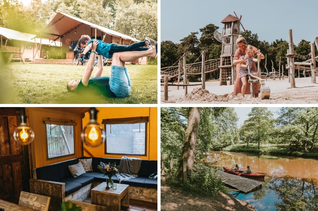 fotocollage van vakantiepark Beerze Bulten in Overijssel met een foto van een man en een zoontje in het gras, een foto van een moeder en een dochter in de speeltuin, een foto van de zithoek in een glamping tent en een foto van dames in een kano op de rivier de Vecht