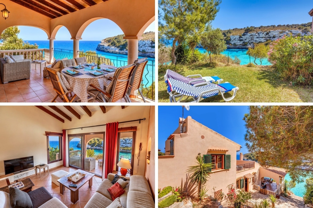 fotocollage van Villa Calima op Mallorca met een foto van het overdekte terras, een foto van de tuin met uitzicht op azuurblauw water, een foto van de woonkamer en een foto van het huis van buitenaf
