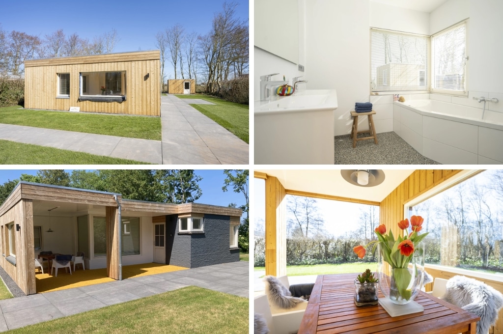 fotocollage van een bungalow op Texel met een foto van de buitenkant, een foto van de badkamer, een foto van het overdekte terras en een foto van de eettafel