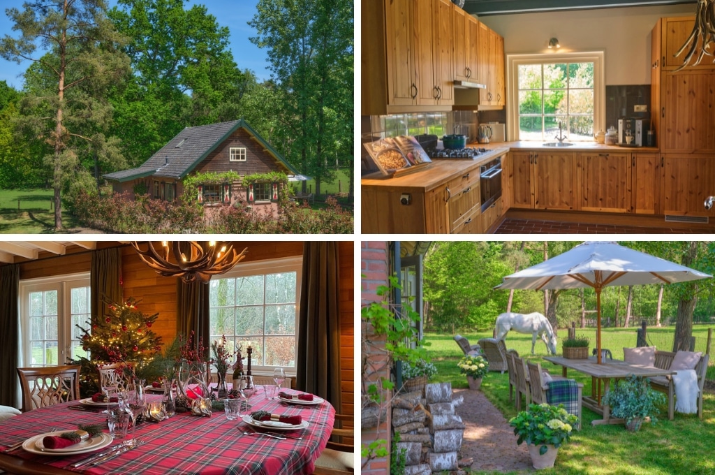 fotocollage van een vakantiehuis in de natuur van Leersum, met een foto van het authentieke huisje van buitenaf, een foto van de houten keuken, een foto van de eettafel met kerst, en een foto van het terras met parasol buiten op een zomerdag