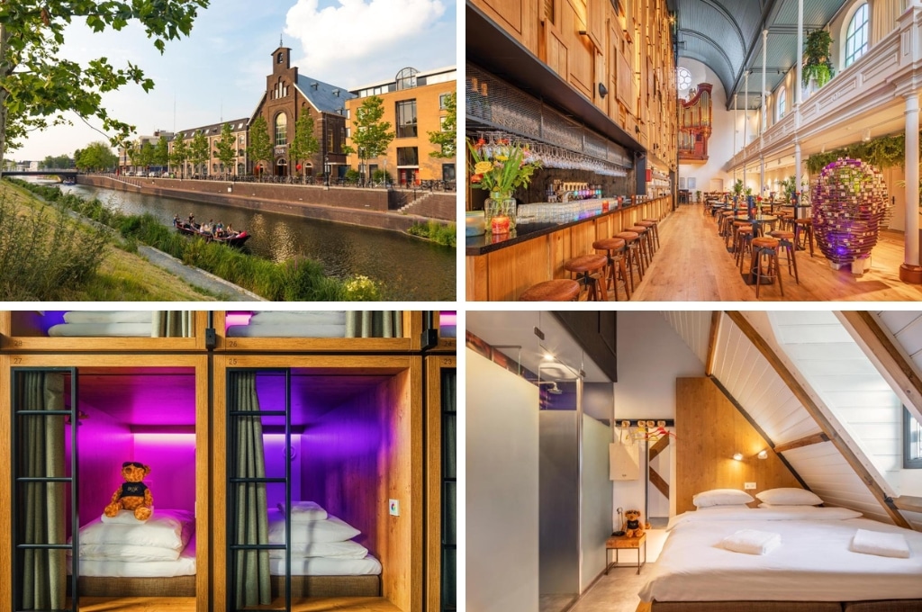 fotocollage van het BUNK Hotel Utrecht met een foto van de gracht, een foto van het bar-restaurant, een foto van twee pods en een foto van een kamer met tweepersoonsbed