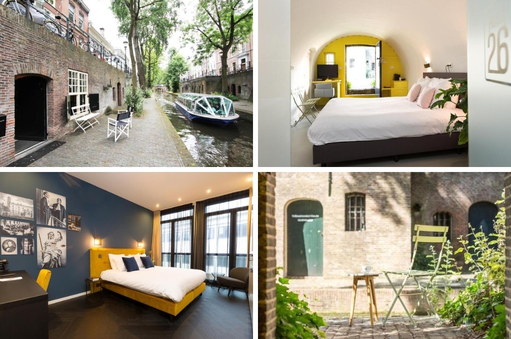 fotocollage van het Court Hotel in Utrecht met een foto van de gracht naast een werfkelderkamer, twee foto's van twee verschillende tweepersoonskamers en een foto van een tafeltje en een stoeltje aan de gracht