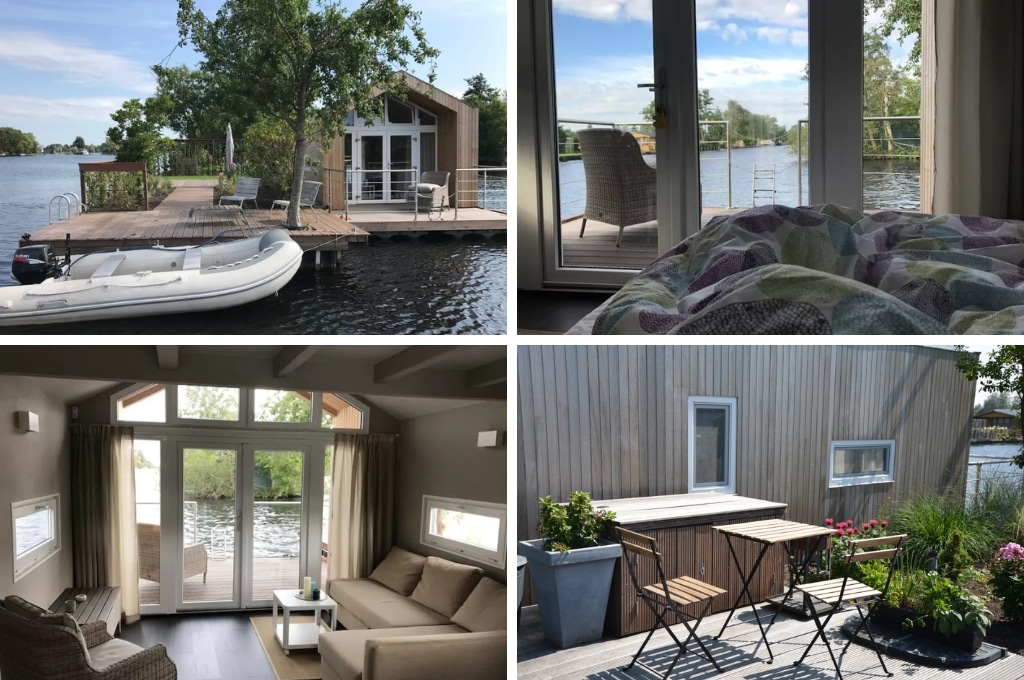 fotocollage van een drijvend huisje aan een eiland in de Vinkeveense plassen, met een foto van de steiger met het huisje, een foto van het uitzicht vanuit het bed, een foto van de woonkamer en een foto van het terras met tweepersoons tuinset