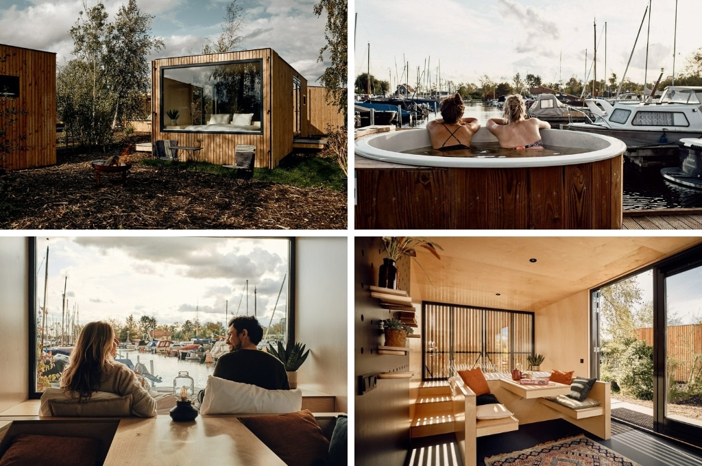 fotocollage van een houten cabin in Vinkeveen, met een foto van de buitenkant van de cabin, een foto van twee dames in een hottub die naar de haven kijken, een foto van een stel dat op het bed zit voor het raam met uitzicht op de haven en een foto van de eethoek in de houten cabin