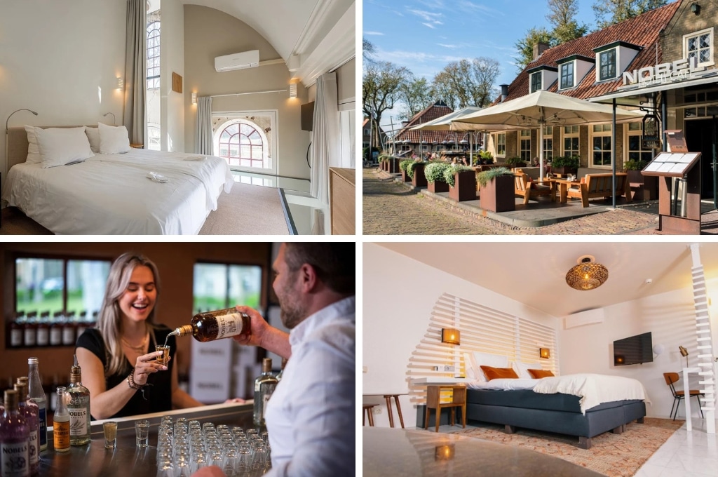 fotocollage van Hotel Nobel op Ameland met een foto van een kerksuite, een foto van het terras, een foto van een man die Nobel inschenkt en een foto van een hotelkamer