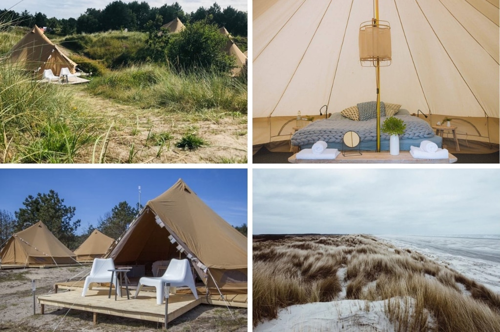 fotocollage van een pop-up glamping op Ameland met een foto van bell tenten in de duinen, een foto van een knus ingerichte bell tent, een foto van een terras met witte stoelen voor een bell tent en een foto van de duinen en zee