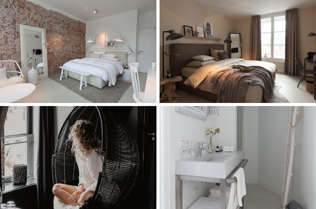 fotocollage van het Mother Goose Hotel in Utrecht met een foto van een witte kamer, een foto van een bruine kamer, een foto van een vrouw die uit het raam kijkt vanuit een hangstoel en een foto van een witte badkamer