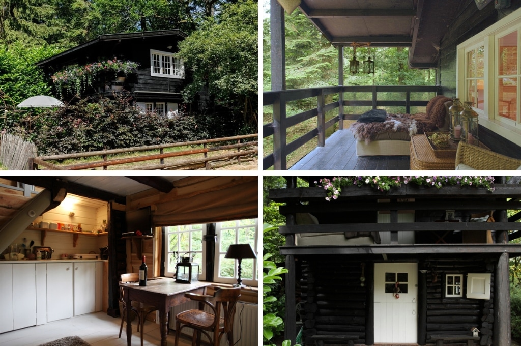 fotocollage van een vakantiehuis in het bos op de Utrechtse Heuvelrug met een foto van de buiten kant, een foto van het terras met knusse bank, een foto van de keuken met eettafel en een foto van de witte voordeur