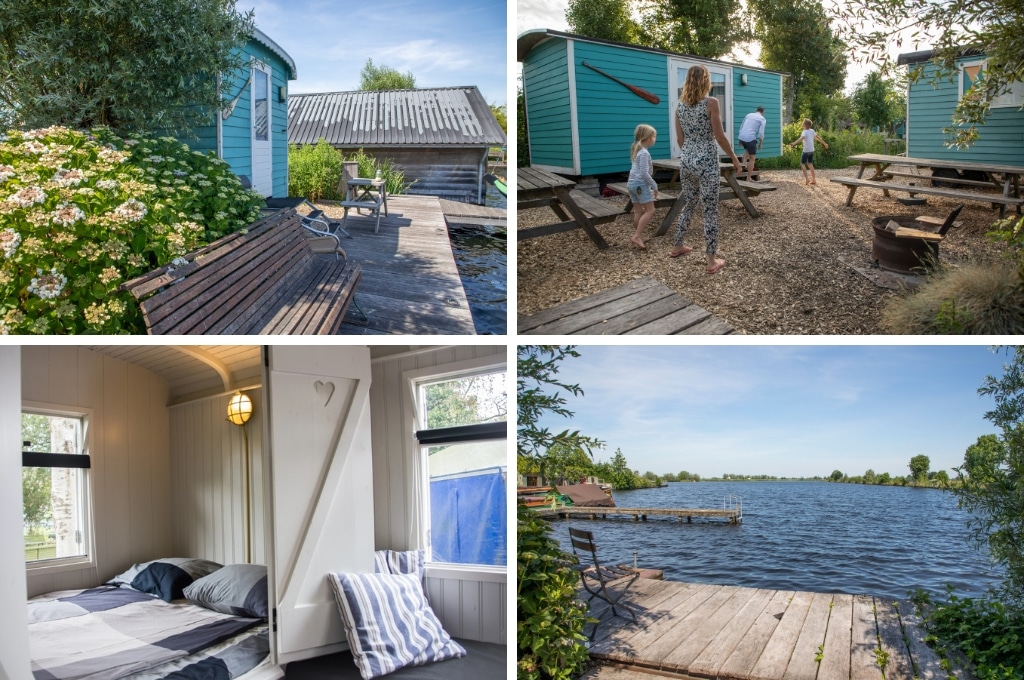 fotocollage van blauwe pipowagens in Vinkeveen, met een foto van een bankje voor de pipowagen, een foto van en gezin dat tussen de picknicktafels tussen de pipowagens loopt, een foto van de bedstee een een foto van de steiger met uitzicht op het water