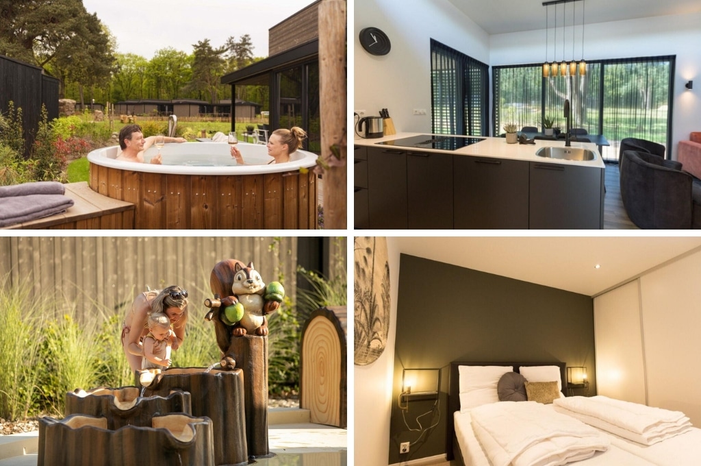 fotocollage van een eco-lodge op vakantiepark Soof Heuvelrug met een foto van een stel dat met een glas wijn in de jacuzzi zit, een foto van de open keuken, een foto van een moeder met een meisje bij de waterspeeltuin en een foto van een kamer met tweepersoonsbed