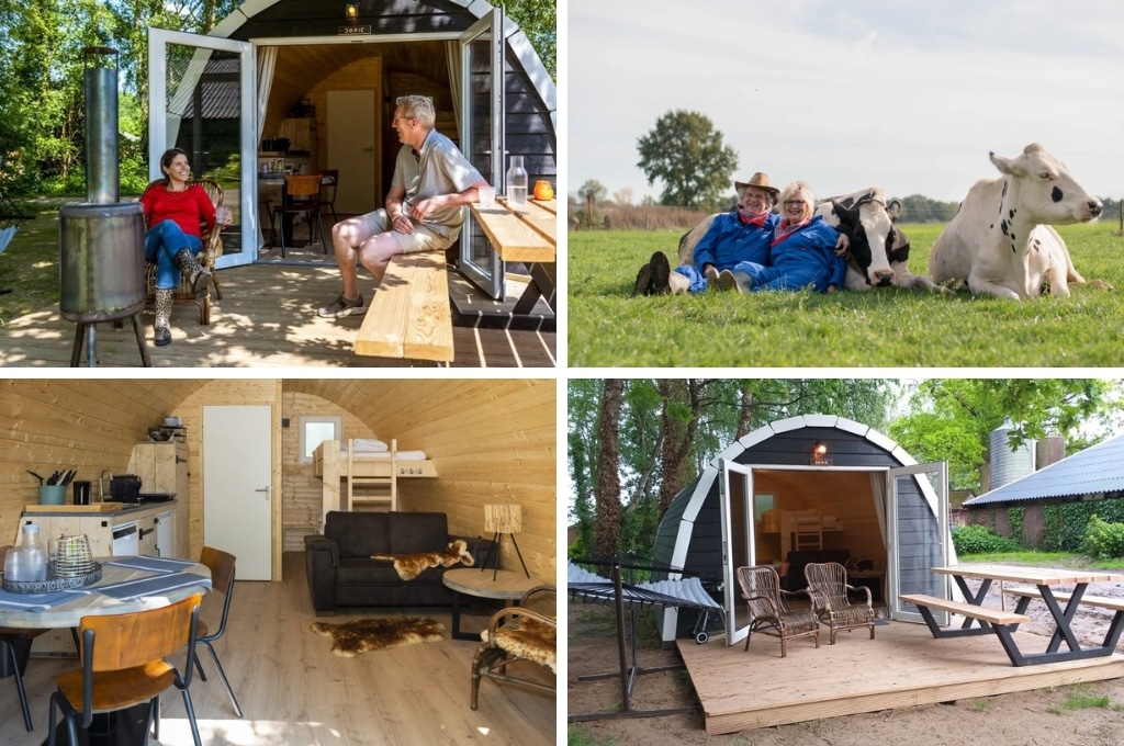 fotocollage van een hutje in Hengelo met een foto van een man en een vrouw op het terras, een foto van een boer en een boerin die naast twee koeien in de we liggen, een foto van het houten interieur, en een foto van het terras met openslaande deuren