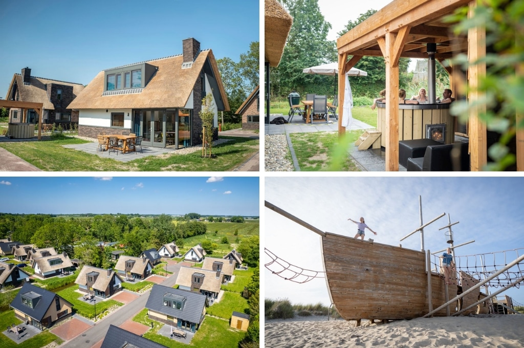 fotocollage van Landal Berger Duinen met een foto van twee vakantievilla's met rieten dak, een foto van vier volwassenen in een hottub op een overdekt terras, een luchtfoto van het park en een foto van kinderen op een houten speelschip in het zand