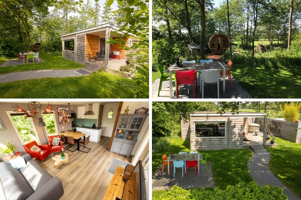 fotocollage van een houten bungalow in Heelweg met twee foto's van de buitenkant van de bungalow en het terras, een foto van het terras en op de achtergrond de barrelsauna, en een foto van de woonkamer met keuken