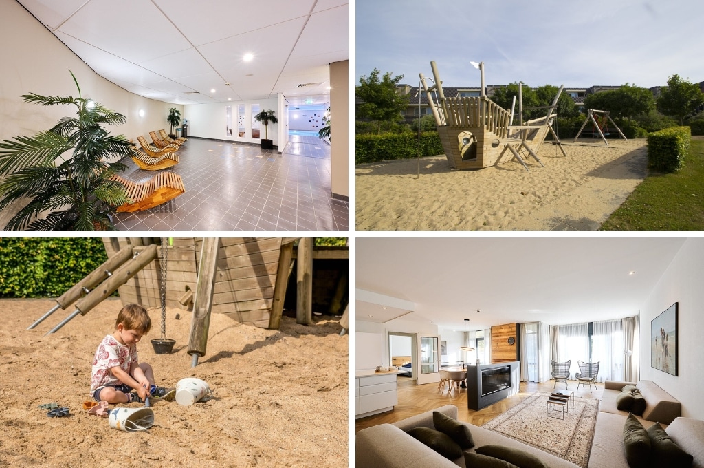 fotocollage van Résidence Terschelling met een foto van de relaxruimte en op de achtergrond het zwembad, een foto van de speeltuin met houten speelschip, een foto van een jongetje dat in het zand naast het speelschip speelt, en een foto van een modern en licht ingericht appartement met een ingebouwde flatscreen-tv in het midden