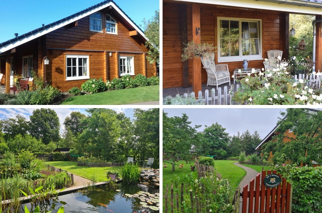 fotocollage van een natuurhuisje in Sinderen met een foto van de voorkant van het huis, een foto van het overdekte terras met twee stoelen, en twee foto's van de tuin