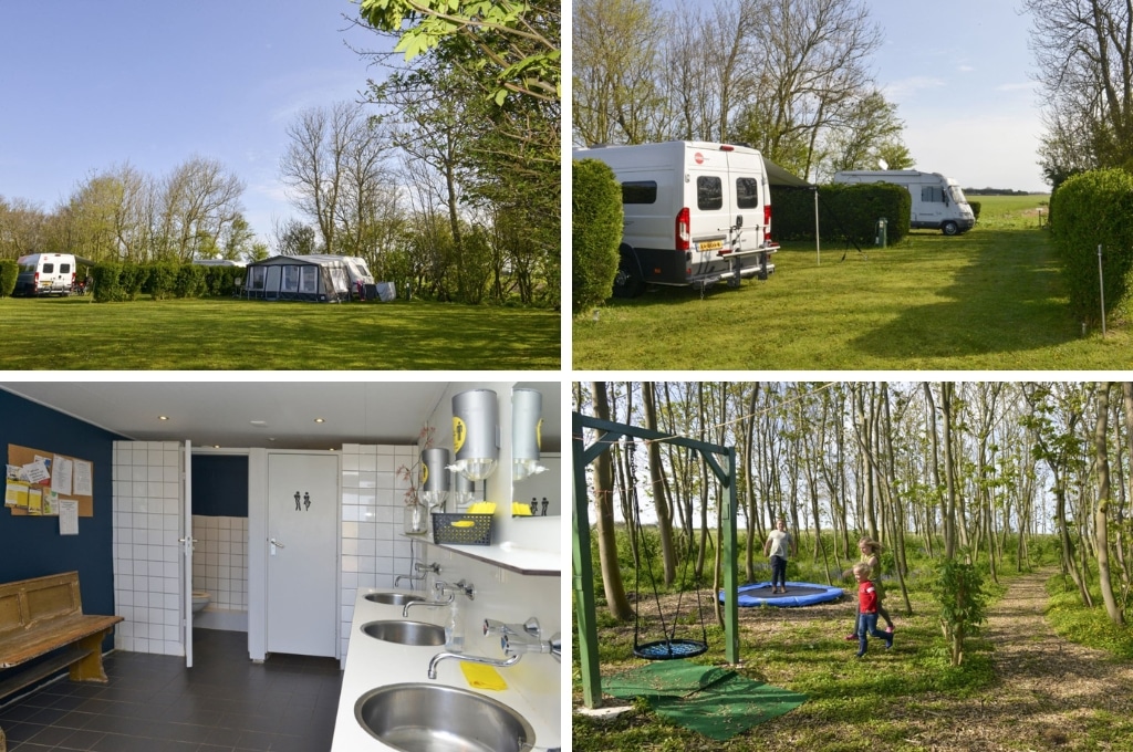 fotocollage van Boerencamping De Tijd met een foto van een caravan met luifel en een busje op het terrein, een foto met een busje en een camper met uitzicht over de weilanden, een foto van de binnenkant van het sanitairgebouw en een foto van kinderen die spelen in het bos op de trampoline en schommel