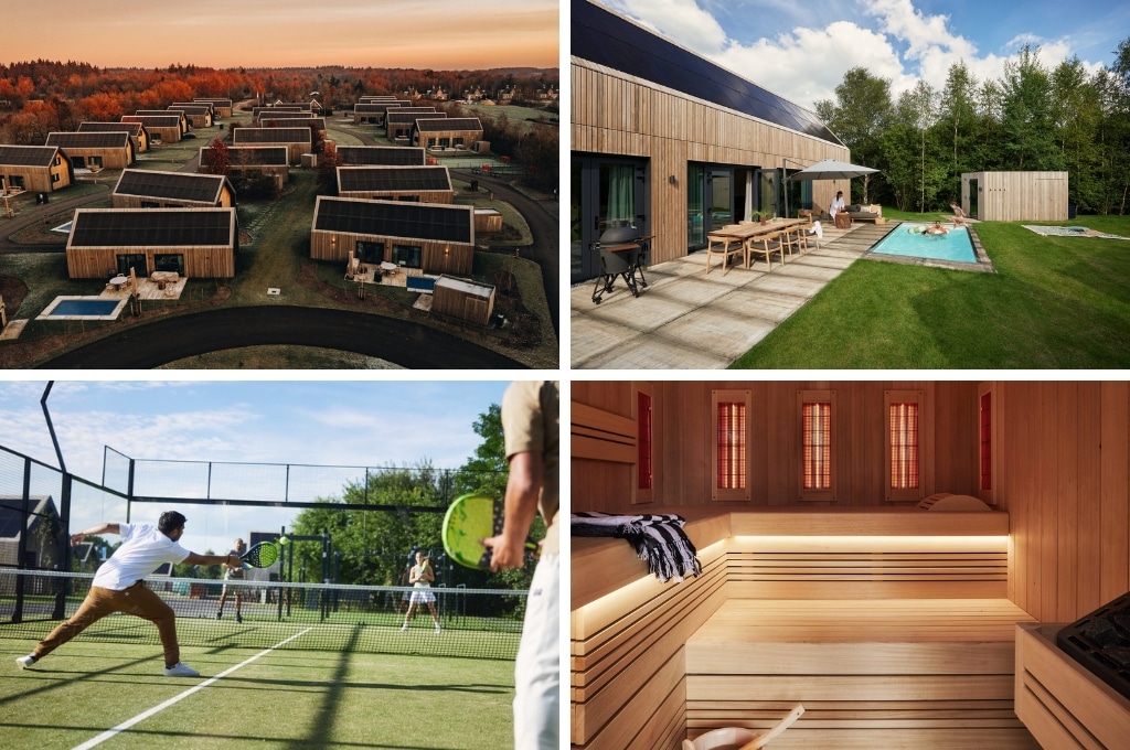 fotocollage van Brinckerduyn met een luchtfoto van het park, een foto van een vakantiehuis met zwembad waar mensen in zitten, een foto van vier die aan het tennissen zijn, en een foto van een lege sauna