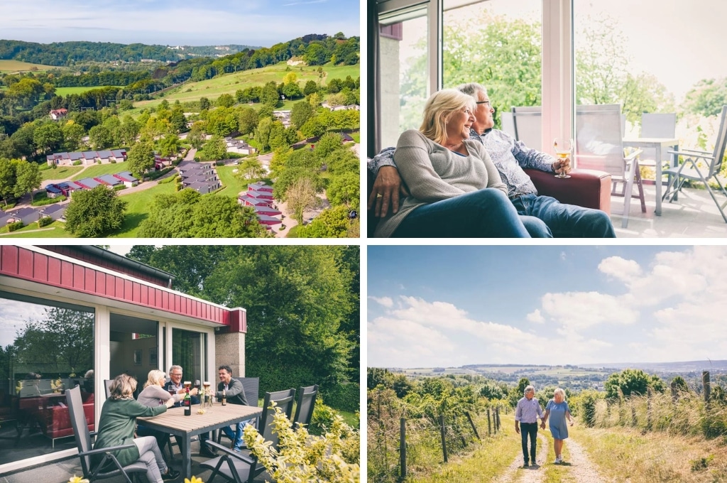 fotocollage van Bungalowpark Schin op Geul met een luchtfoto van het park, ene foto van een senioren stel dat op de bank in hun bungalow zit en uit het raam kijkt, een foto van twee stellen die proosten op het terras van hun bungalow, en een foto van een sneioren stel dat een heuvel op komt lopen