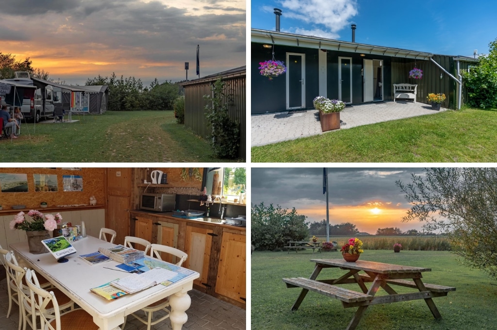 fotocollage van Camping De Waddenster met een foto van wat tenten bij zonsondergang, een foto van het sanitairgebouw, een foto van de gedeelde keuken en een foto van een picknicktafel met een potje bloemen bij zonsondergang