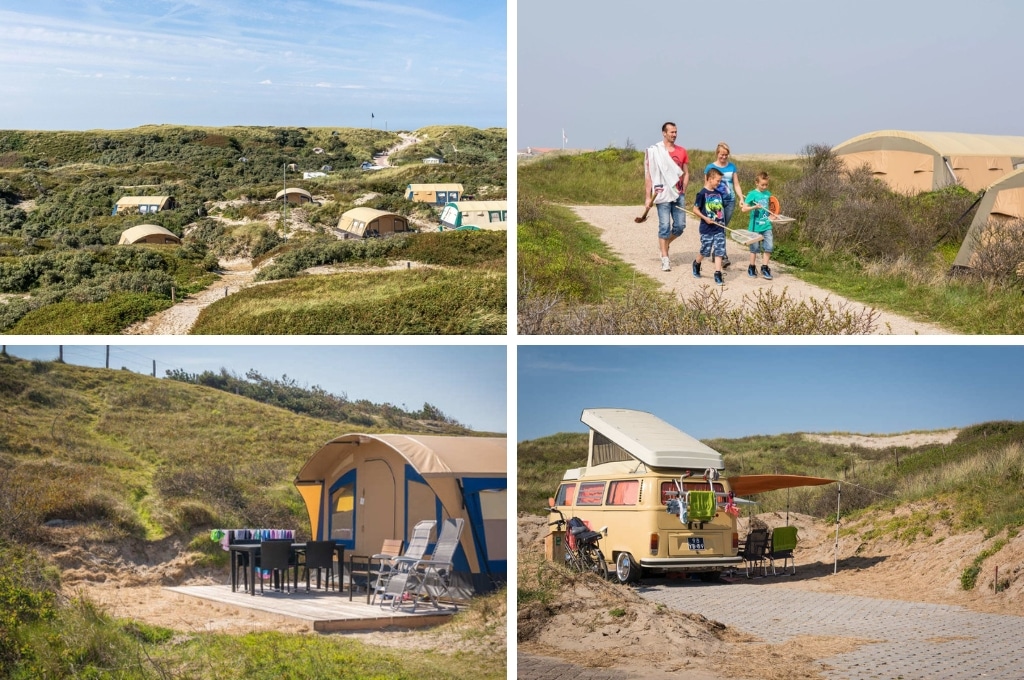 fotocollage van Camping Kogerstrand met een foto van boogtenten in de duinen, een foto van een gezin dat over een wandelpad loopt, een foto van het terras van een dichte boogtent waar de was buiten hangt, en een foto van een kampeerbusje met luifel