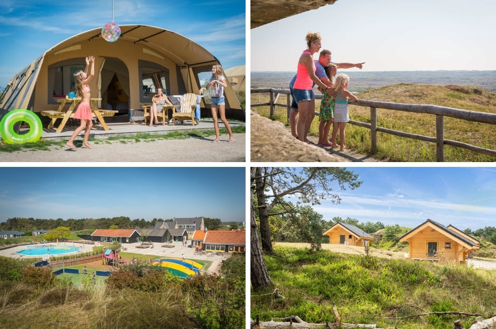 fotocollage van Camping Loodsmansduin met een foto van kinderen die een strandbal overgooien voor een boogtent, een foto van een gezin op een uitkijkpunt, een foto van het zwembad en de speeltuin van bovenaf, en een foto van drie houten trekkershutten