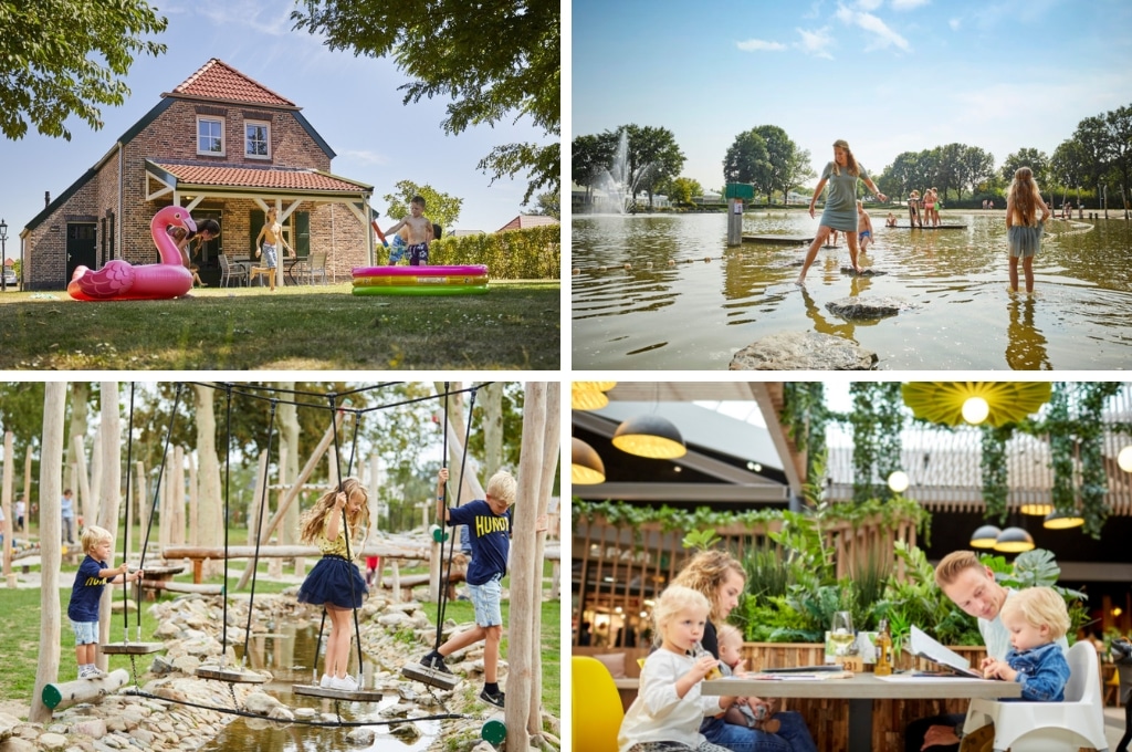 fotocollage van recreatiepark de Leistert met een foto van een vakantiehuis met een opgeblazen flamingo en een opblaasbaar peuterbadje, een foto van een moeder en kinderen in de speelvijver, een foto van kinderen in de speeltuin en een foto van een gezin aan een tafel in het restaurant