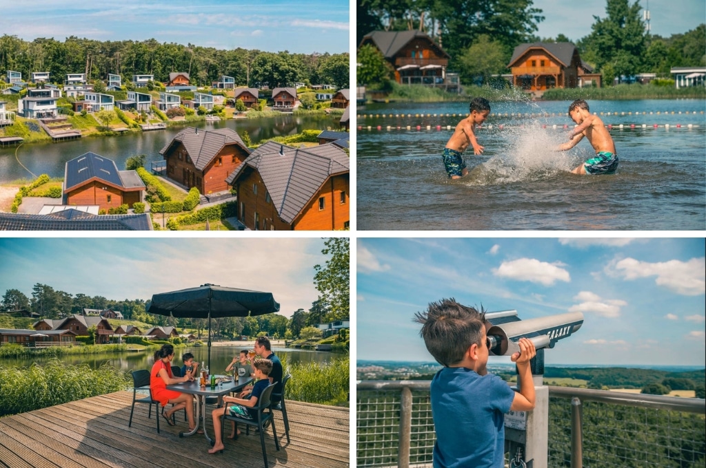 fotocollage van EuroParcs Brunssummerheide met een luchtfoto van het park, een foto van twee kinderen die in de zwemvijver spelen, een foto van een gezin op het terras aan het water en een foto van een kindje die door een verrekijker naar het heuvellandschap kijkt