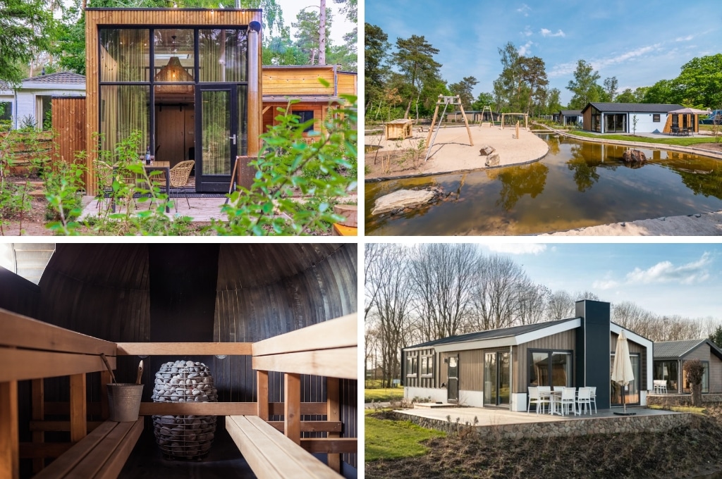 fotocollage van EuroParcs de Hooge Veluwe met een foto van een tiny house, een foto van de speeltuin aan een slootje, een foto van een lege sauna en een foto van een grote lodge met terras