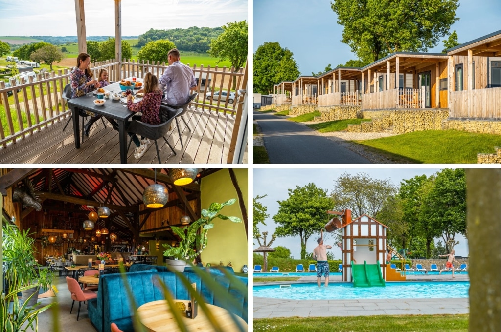 fotocollage van EuroParcs Gulperberg met een foto van een gezin op een houten terras met uitzicht op de heuvels en het park, een foto van een pad met houten chalets die naast elkaar staan, een foto van het restaurant en een foto van een vader en een jongetje die bij het huisje in het peuterbad spelen