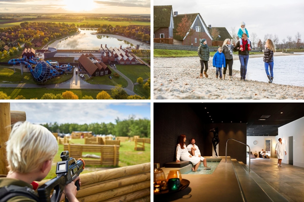 fotocollage van hof van saksen met een luchtfoto van het park, een foto van een gezin dat op het strand loopt in de herfst/winter, een foto van een jongertje op het laser tag veld, en een foto van de binenenkant van het wellnesscentrum