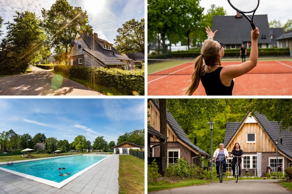 fotocollage van Hof van Salland met een foto van een vakantiehuis achter een heg, een foto van een meisje die een tennisbal opslaat, een foto van het buitenzwembad waarin twee mensen zwemmen, en een foto van een oma die met een dochter over het park fietst