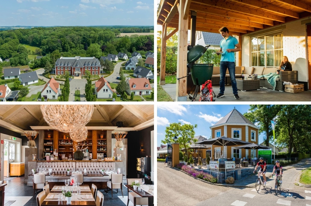 fotocollage van Kasteeldomein De Cauberg met een luchtfoto van het park, een foto van een stel op het terras van hun vakantiehuis, een foto van het lege restaurant, en een foto van twee wielrenners die het park af komen fietsen