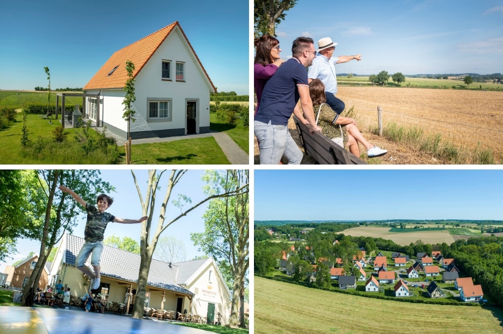 fotocollage van Landal de Waufsberg met een foto van een wit vakantiehuis met uitzicht op de weilanden, een foto van twee stellen bij een bankje die kijken naar het uitzicht over de heuvels, een foto van een jongetje op de airtrampoline, en een luchtfoto van het park